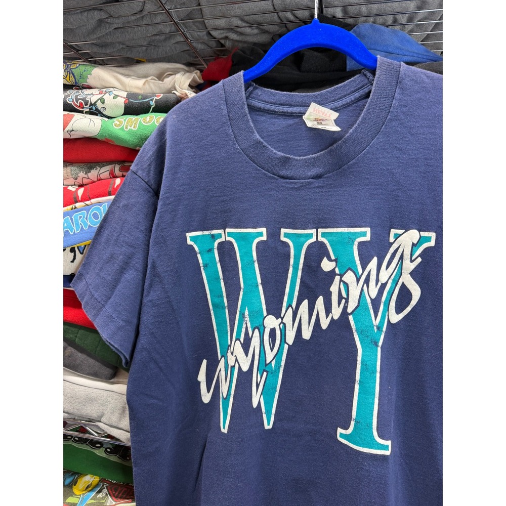 Vintage 80s Fruit of the Loom Wyoming Shirt Large Navy Blue Single Stitch USA